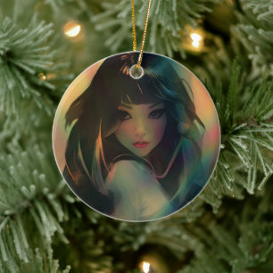 Bild av Anime Girl, omgiven av Regnbåge Light Julgransprydnad Keramik