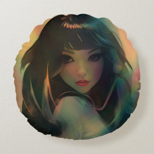 Bild av Anime Girl, omgiven av Regnbåge Light Rund Kudde