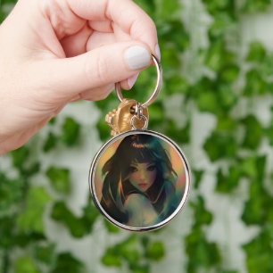 Bild av Anime Girl, omgiven av Regnbåge Light Rund Silverfärgad Nyckelring
