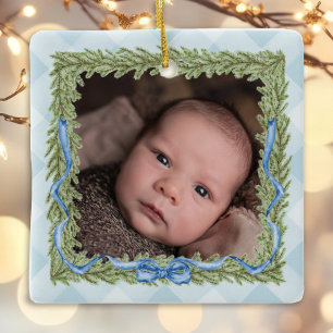 Bild av Baby 1st jul blue gingham Julgransprydnad Keramik