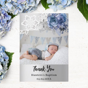 Bild av Baptism i silver, blå blommigt, kor Tack Kort