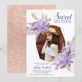 Bild av blommigten ro glitter lila guld Sweet 16 Inbjudningar