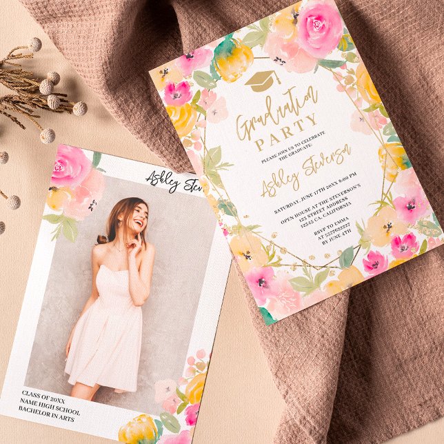 Bild av Boho chic Guld glitter blommigt studenten Inbjudningar (Boho chic Gold glitter floral photo graduation Invitation)