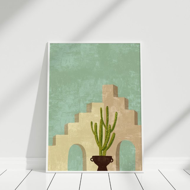 Bild av Boho Neutralt and Teal Abstrakt Illustrati Poster (Boho Neutral and Teal Abstract Illustration Art Poster in white frame against white wall.)