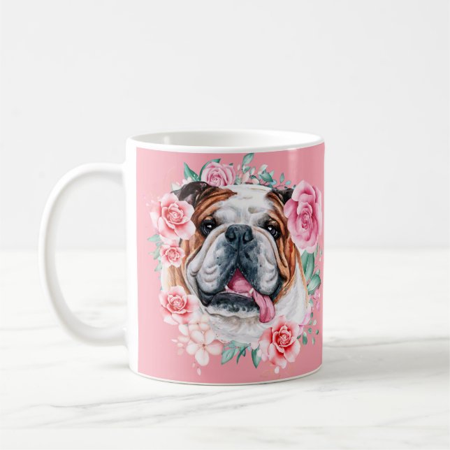 Bild av bulldog vattenfärg i ro blommigt kaffemugg (Vänster)