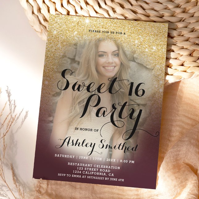 Bild av Burgundy guld glitter ombre finare Sweet 1 Inbjudningar (Skapare uppladdad)