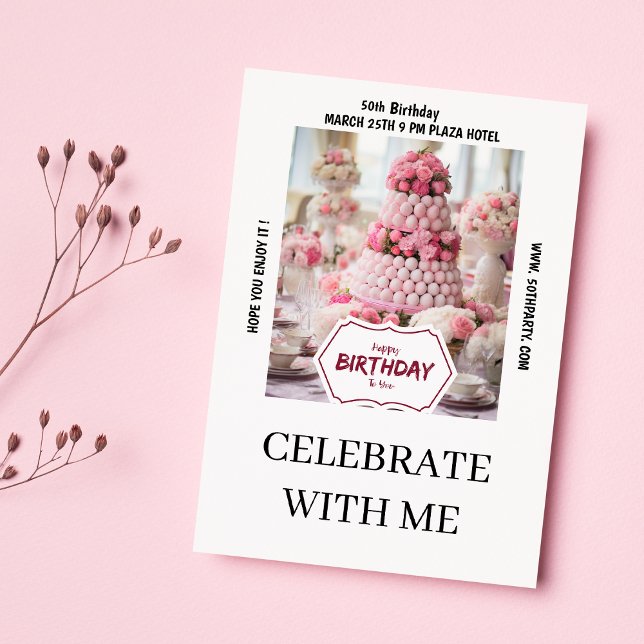 Bild av Burgundy rosa tårta 50:e Födelsedagsfesten Inbjudningar (Burgundy pink cake photo 50th Birthday Party )