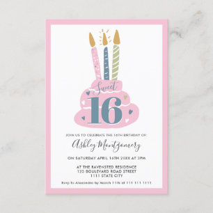 Bild av Cute Grly Pastel rosa Candles tårta Söt 16 Inbjudningar