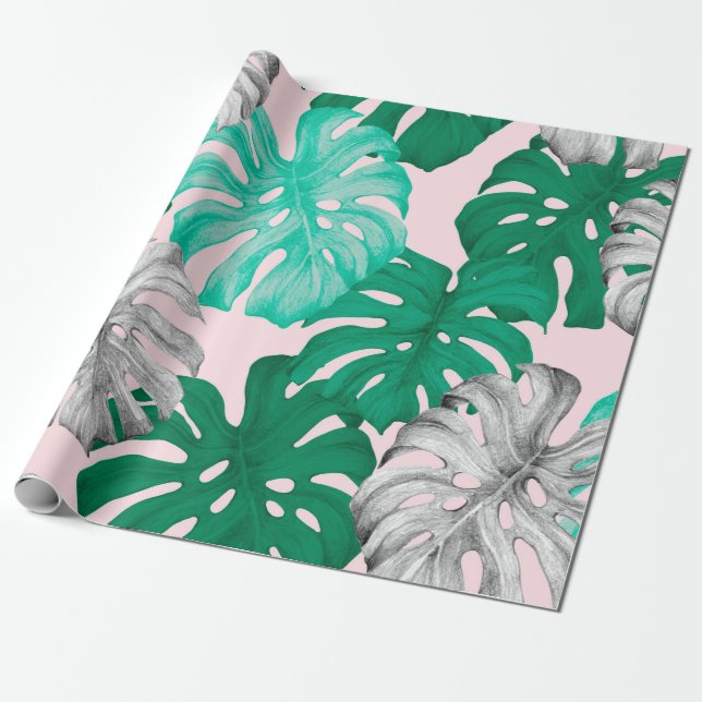 Bild av den tropiska monstera löv hand plockade p presentpapper (Utrullad)