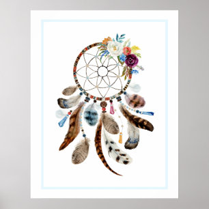 Bild av Dreamcatcher-fjädrar och blommor Poster