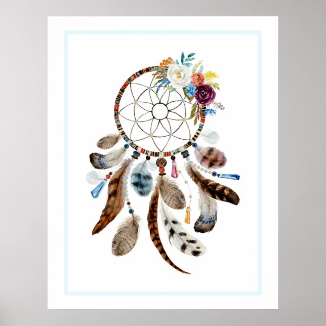 Bild av Dreamcatcher-fjädrar och blommor Poster (Framsidan)