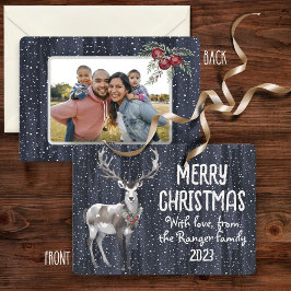Bild av familjen Rustic Blue Snowy Reindeer Julkort