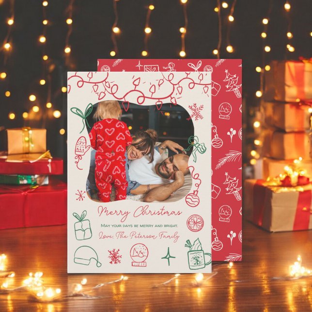 Bild av fyrkantig röd grönt roligt, bild jul julkort (Quirky red green illustration fun photo Christmas Holiday Card)