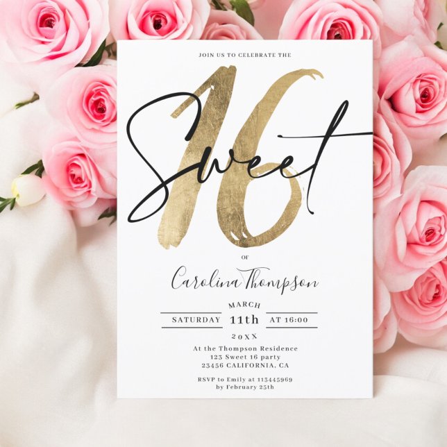 Bild av Girly chic gräns-skript, Sverige 16 Inbjudningar (Girly chic gold border script photo Sweet 16 Invitation)