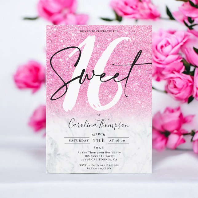 Bild av Girly rosa glitter gräns marble Sweet 16 Inbjudningar (Girly pink glitter border marble photo Sweet 16 Invitation)