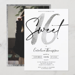 Bild av Girly silver gräns, skript Sweet 16 Inbjudningar