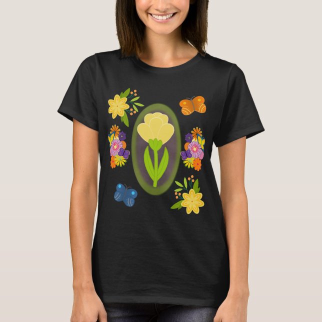 Bild av Gult Tulip med blommor och fjärilar T Shirt (Framsida)