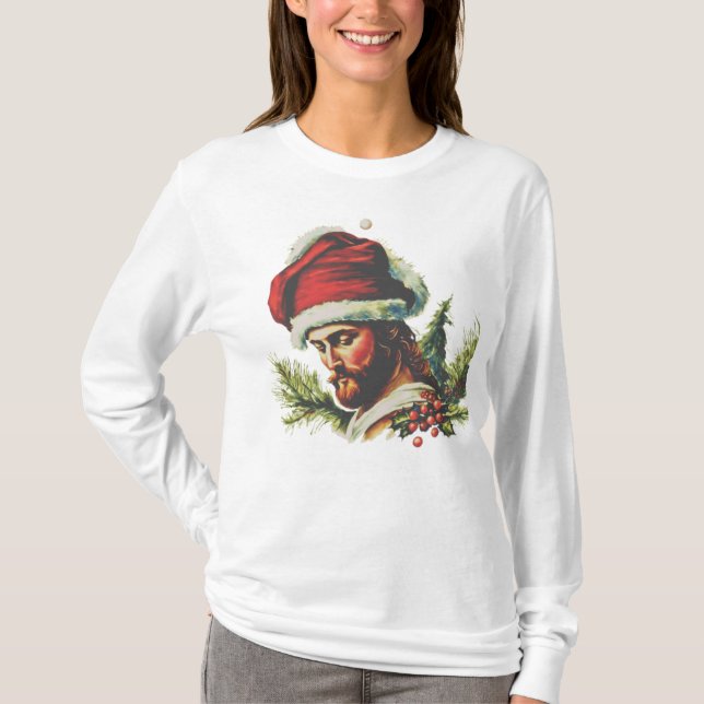 Bild av Jesus med broderad Santa Hat T Shirt (Framsida)