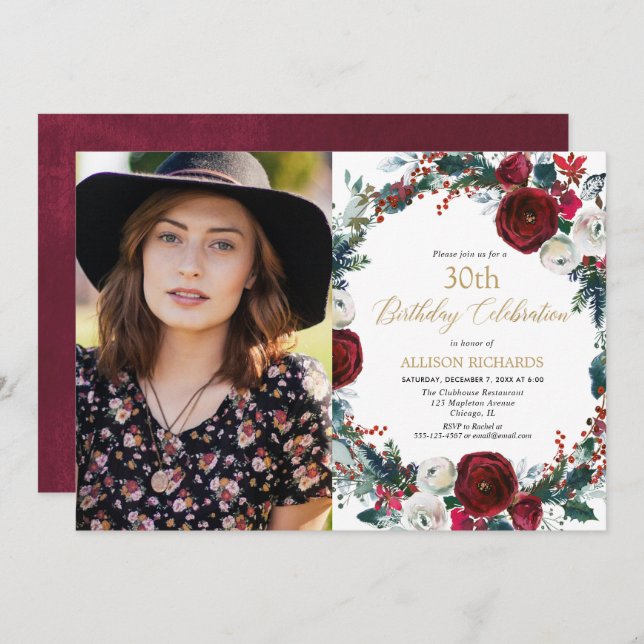 Bild av julens födelsedagsfest burgundy guld inbjudningar (Fram/baksida)