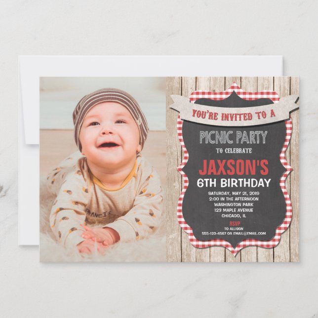 Bild av Picnic party-födelsedagsröd, vit gingham-b Inbjudningar (Framsida)