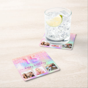 Bild av Quinceanera-holografisk rosa glitter Underlägg Papper Kvadrat