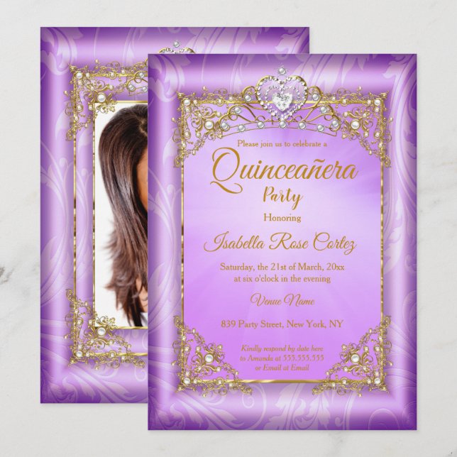 Bild av Quinceanera Lila pearl Guld Tiara party Inbjudningar (Fram/baksida)