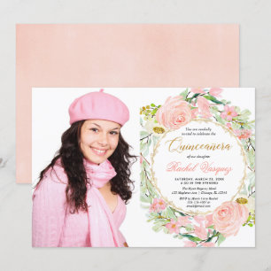 Bild av Quinceanera ( rosa och guld blommigt) Inbjudningar