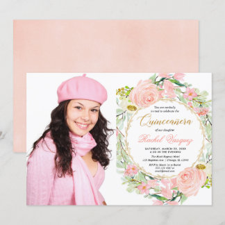 Bild av Quinceanera ( rosa och guld blommigt) Inbjudningar