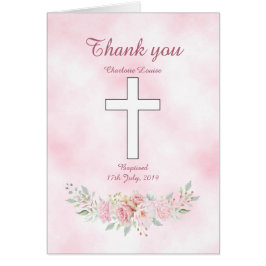 Bild av rosa ros blommigt Flicka Baptism Tack Hälsningskort