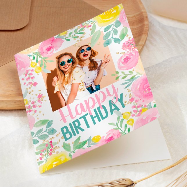 Bild av söt rosa sommar blommigt grattis på födels kort (Pretty pink summer floral happy birthday photo card)
