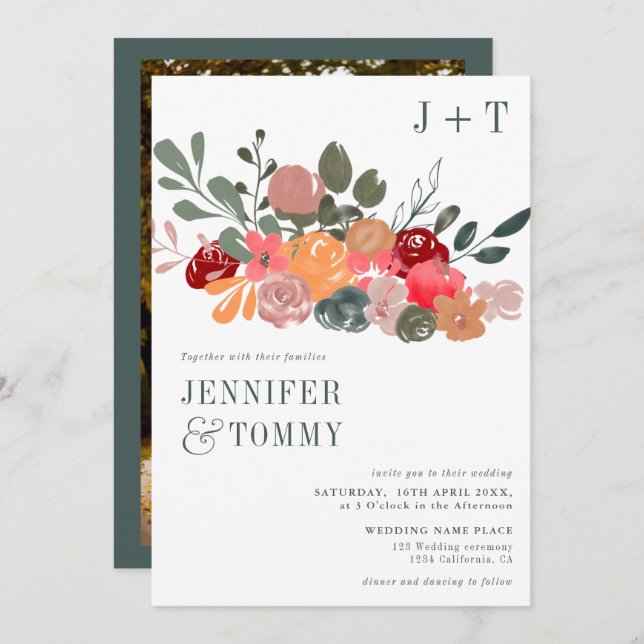 Bild för blommigt av Rustik fallburgundisk grönt b Inbjudningar (Fram/baksida)