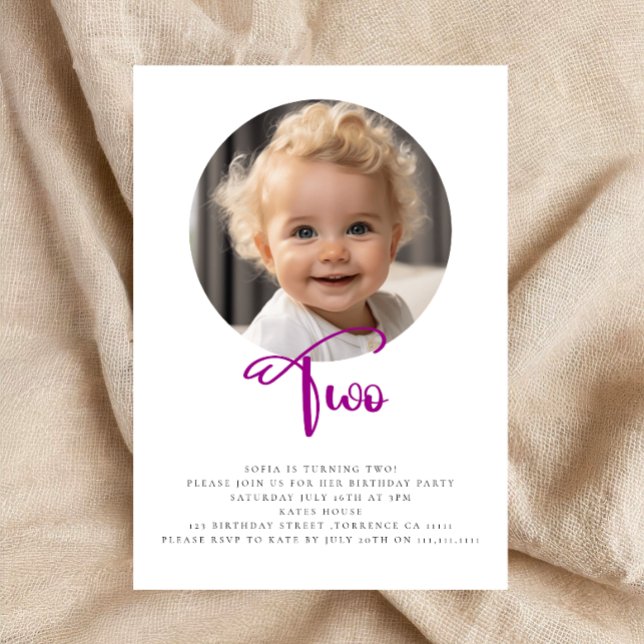 Bild för enkel andra födelsedag inbjudningar (modern,minimalist,bohemian,pink and white,heart invitation,photo invitation,simple photo,simplistic)