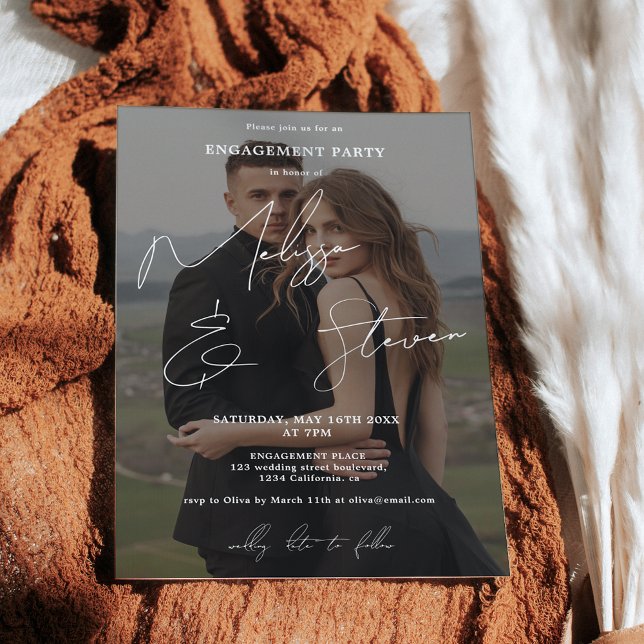 Bild för kalligrafi av vit förlovning i namn-skrip inbjudningar (Names script calligraphy white engagement photo invitation)