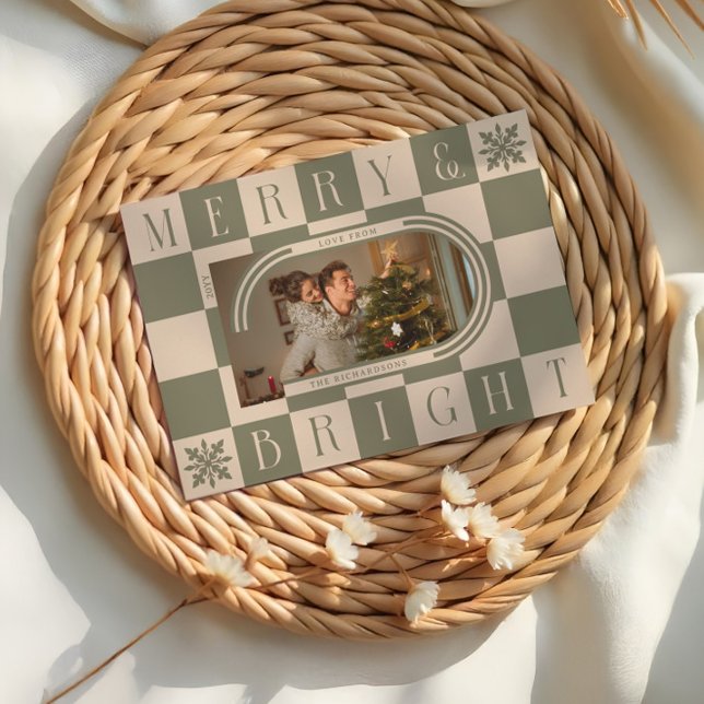 Bild för Merry & Bright Retro Checker-julfest Julkort (Merry & Bright Retro Checker Christmas Arch Photo Holiday Card)