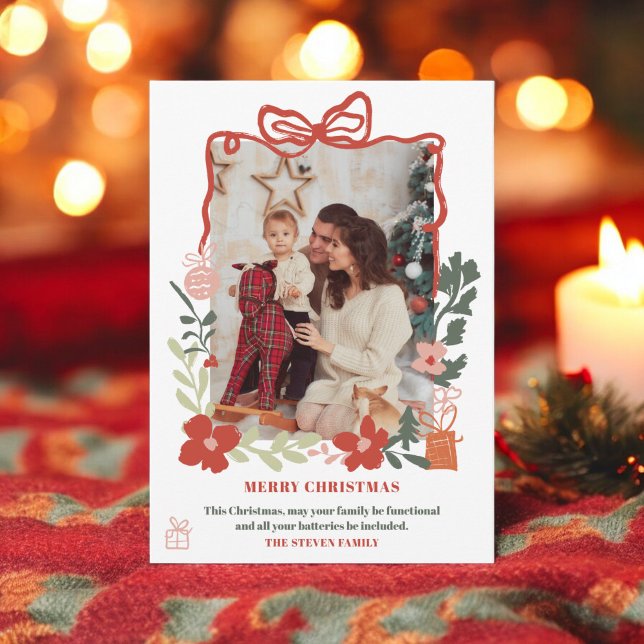 Bild för Quirky-blommigt trendig God jul Julkort (Quirky bow floral trendy Merry Christmas photo Holiday Card)