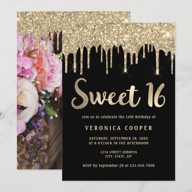 Bild för sweet sixteen i elegant guld droppar glit inbjudningar (Fram/baksida)