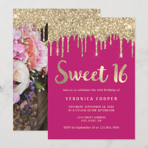 Bild för sweet sixteen i elegant guld droppar glit inbjudningar