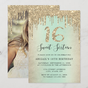 Bild för sweet sixteen i elegant guld droppar glit inbjudningar