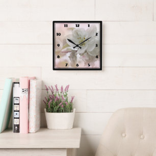 Bild för vit äppelBlommar Fyrkantig Klocka