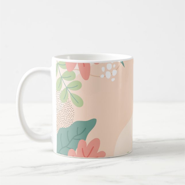 Bild med fet löv i skuggor av grönt och orange kaffemugg (Vänster)