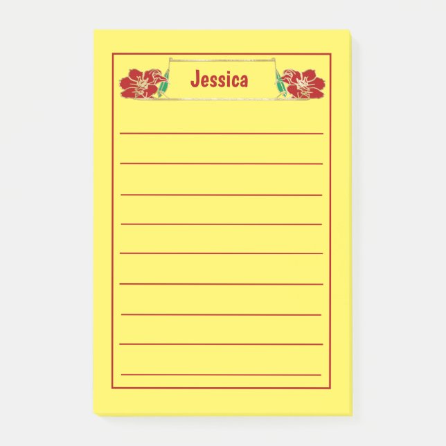 Bild med guld-ramad röd Blommigt, ornate Red Post-it Block (Framsida)