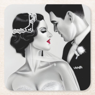 &Bild och groom för återställande av Art Deco-Vint Underlägg Papper Kvadrat