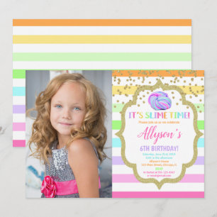 Bild- och regnbågsflicka i Slime-födelsedagspresse Inbjudningar