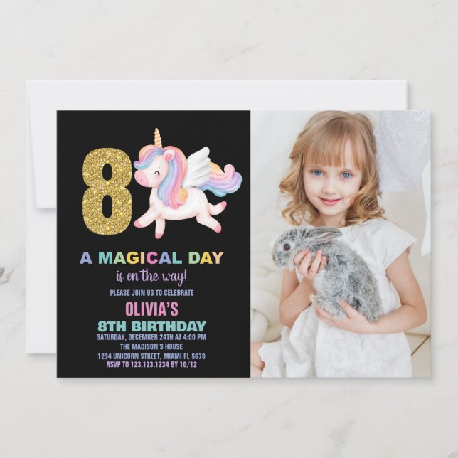 Bild på 8:e regnbåge, Unicorn Birthday-inbjudan Inbjudningar (Framsida)