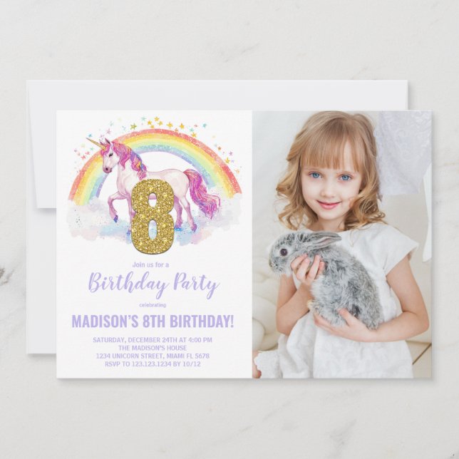 Bild på 8:e regnbåge, Unicorn Birthday-inbjudan Inbjudningar (Framsida)