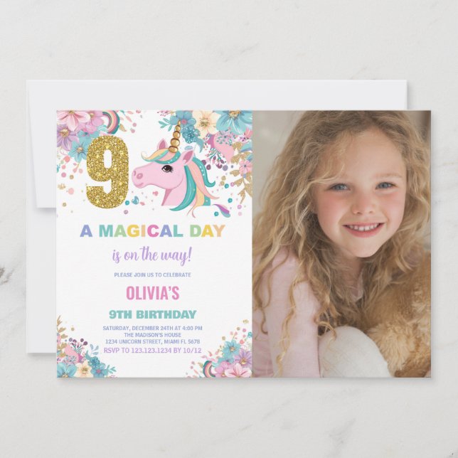 Bild på 9:e födelsedag Unicorn Birthday Inbjudan (Framsida)