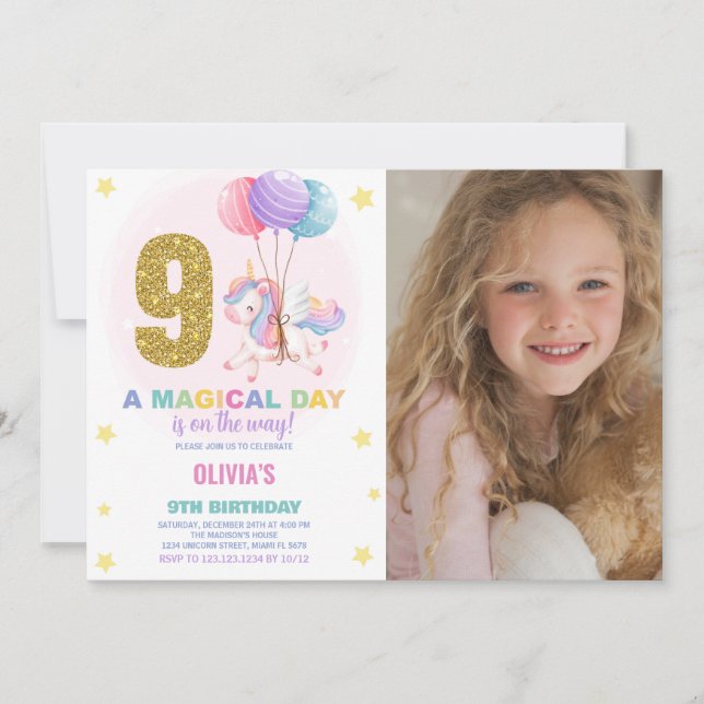 Bild på 9:e födelsedag Unicorn Birthday Inbjudan (Framsida)