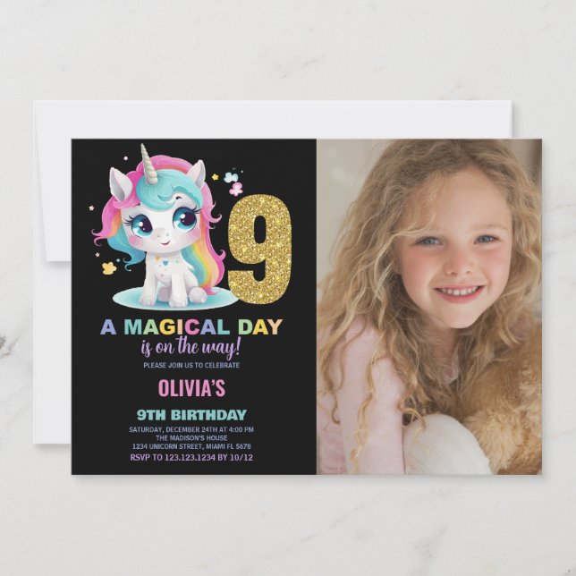 Bild på 9:e födelsedag Unicorn Birthday Inbjudan (Framsida)