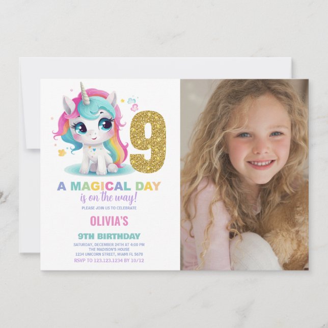 Bild på 9:e födelsedag Unicorn Birthday Inbjudan (Framsida)