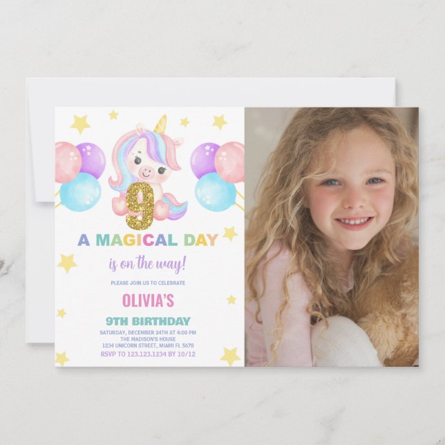 Bild på 9:e födelsedag Unicorn Birthday Inbjudan (Framsida)